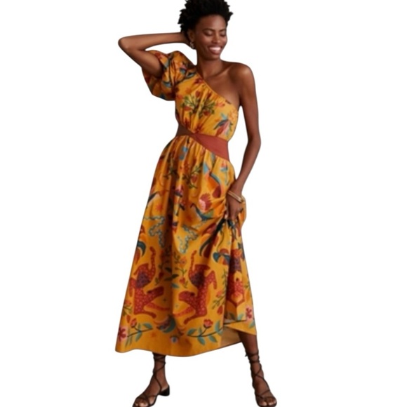 FARM Rio Dresses & Skirts - Farm Rio x Anthropologie One Shoulder Tropical Puff Sleeve Maxi Dress Large